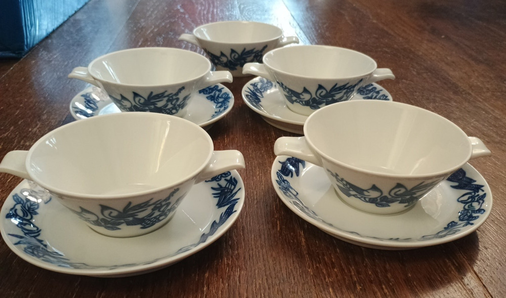 Vtg Lot Schonwald Porcelain German Set 5 WHITE BLUE Bird 2 Handle Cups 4 Saucers